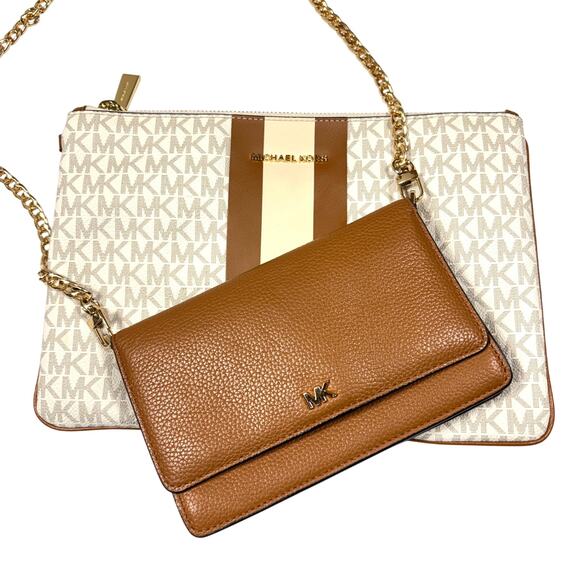 MICHAEL KORS 2PC Vanilla Monogram Pouch Clutch & Brown Leather WOC Crossbody SET - Picture 1 of 16